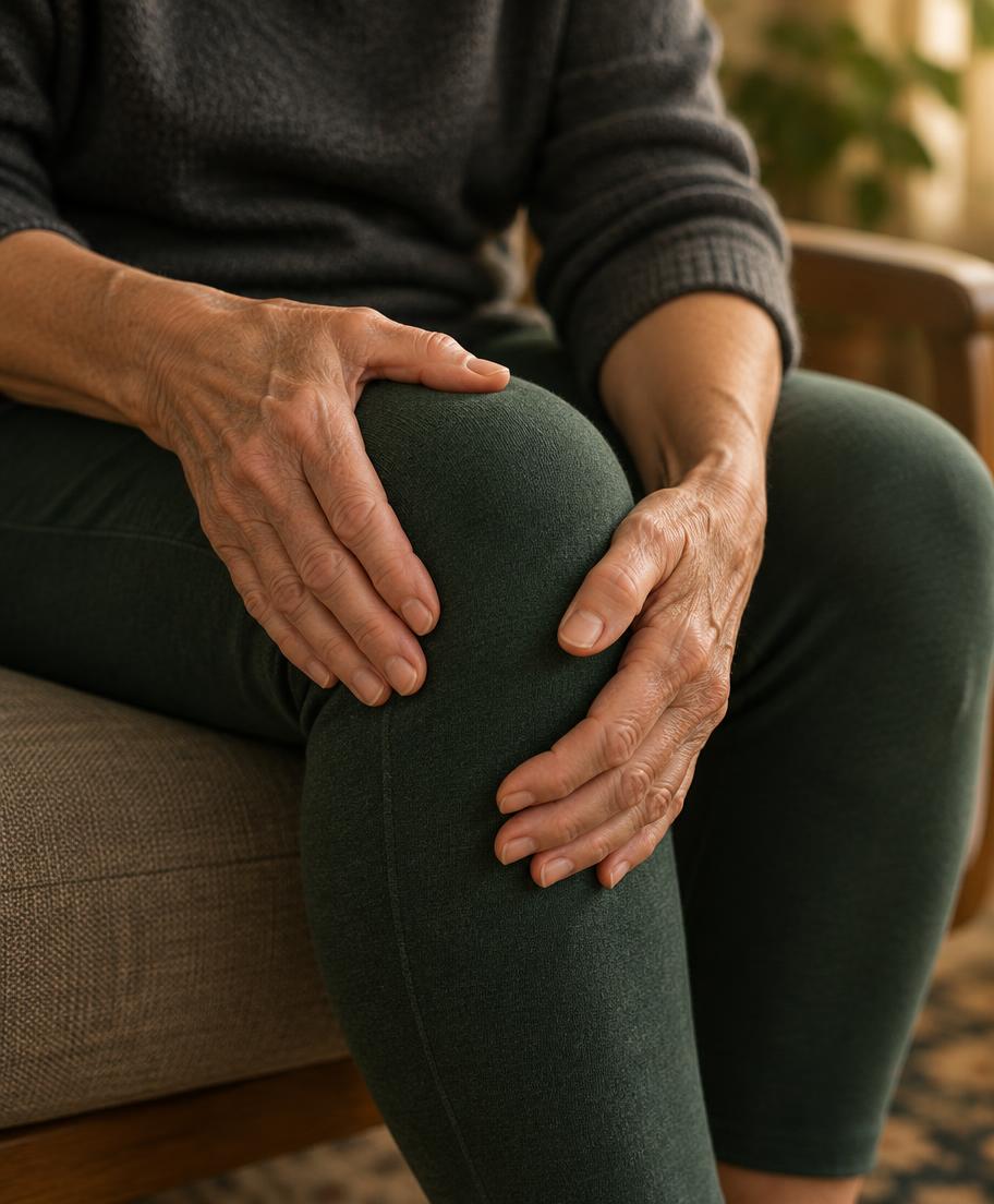 Older hands resting on a knee