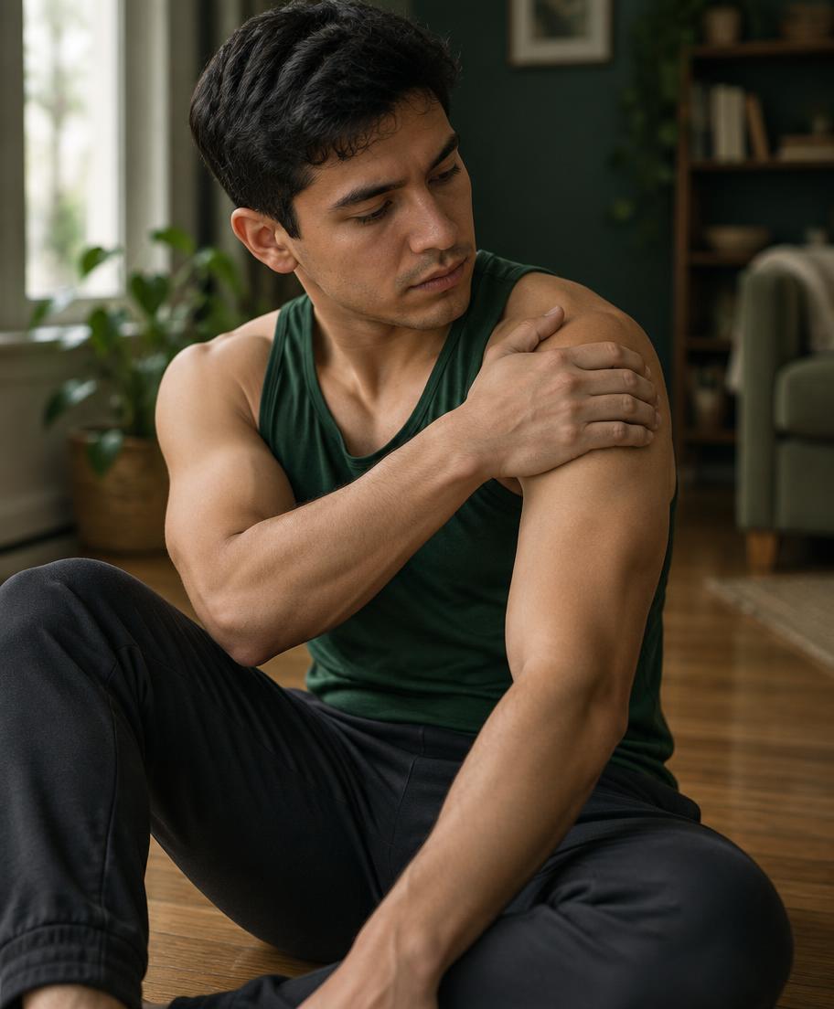 Young man holding his shoulder in pain